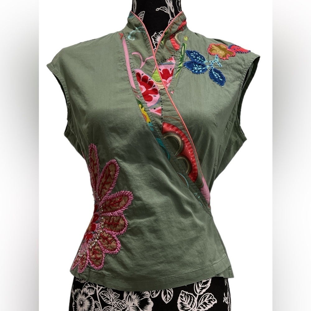 Boho Embroidered Wrap Sleeveless Top - Olive Green
